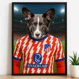 Custom pet portrait of a dog in 2025/26 Atletico Madrid football jersey