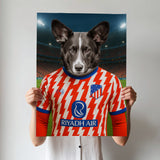 Custom pet portrait of a dog in 2025/26 Atletico Madrid football jersey