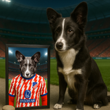 Custom pet portrait of a dog in 2025/26 Atletico Madrid football jersey