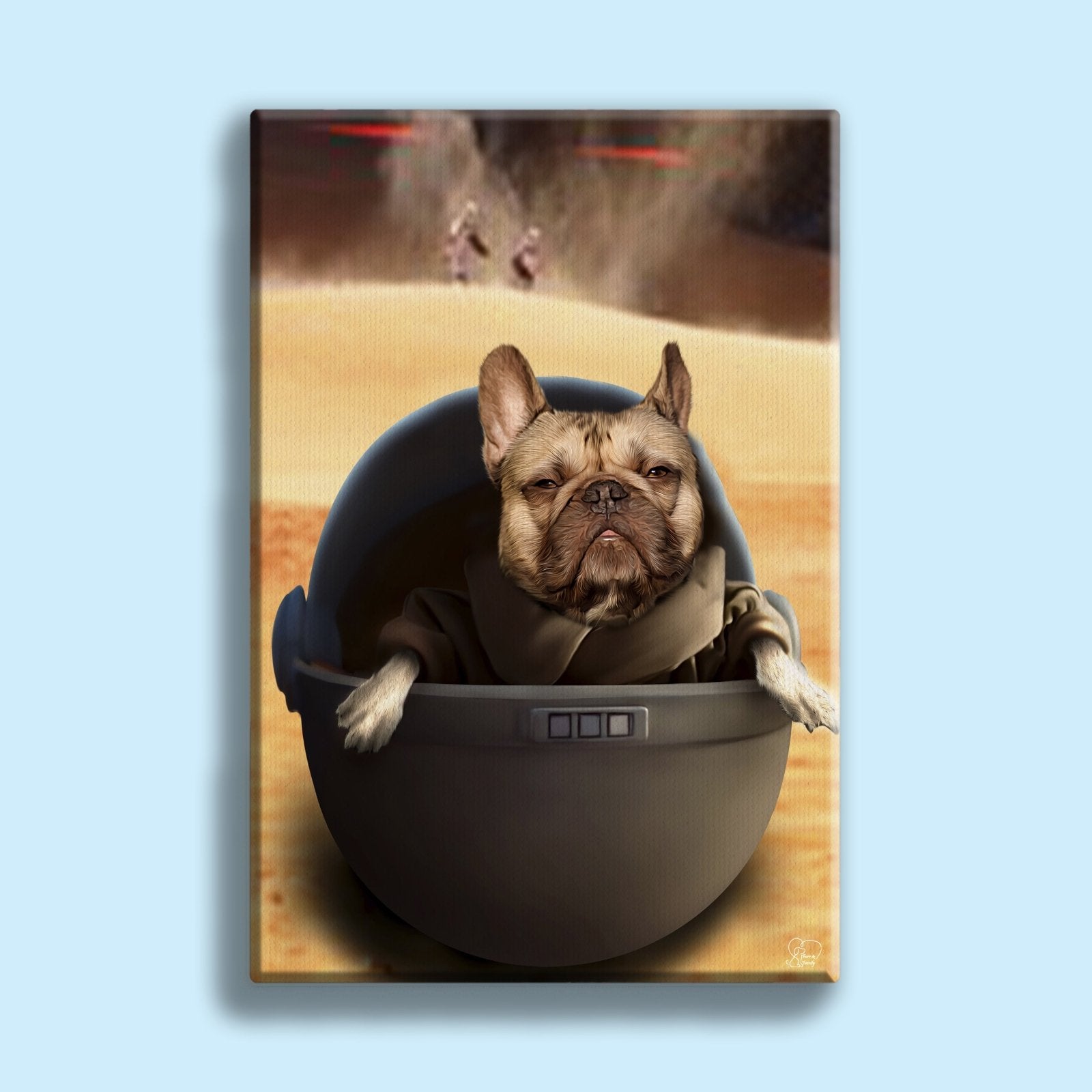 Custom pet portrait of a dog dressed as Baby Yoda (Grogu) with Jedi robe and Star Wars-themed background