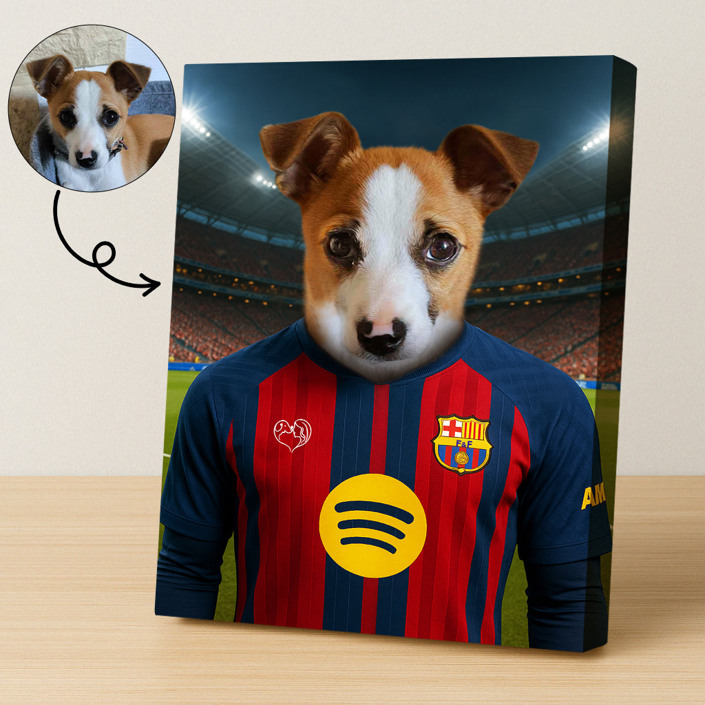 Custom pet portrait of a dog in 2025/26 Barcelona football jersey