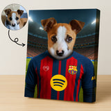 Custom pet portrait of a dog in 2025/26 Barcelona football jersey