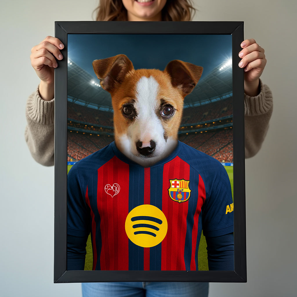 Custom pet portrait of a dog in 2025/26 Barcelona football jersey