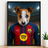 Custom pet portrait of a dog in 2025/26 Barcelona football jersey