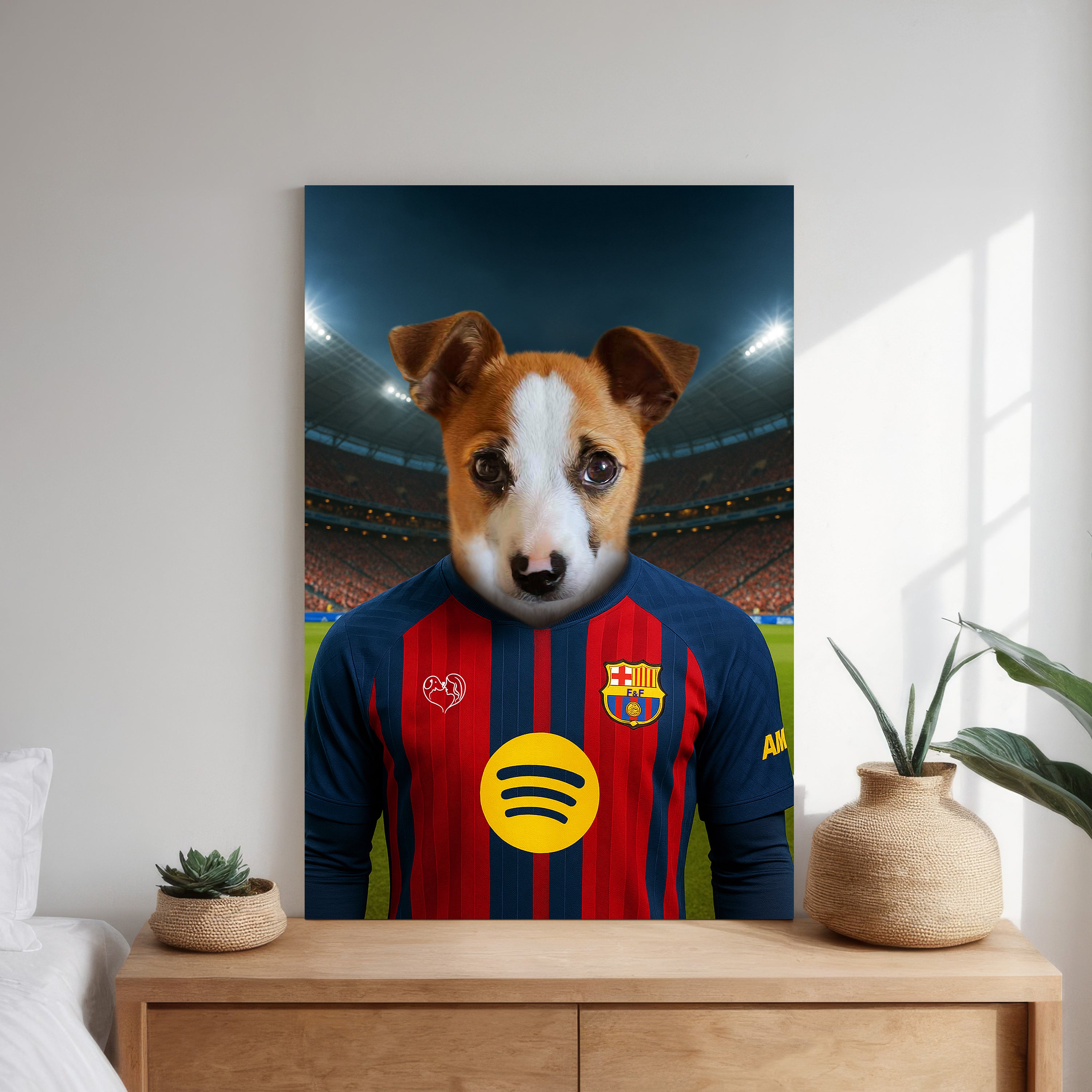 Custom pet portrait of a dog in 2025/26 Barcelona football jersey