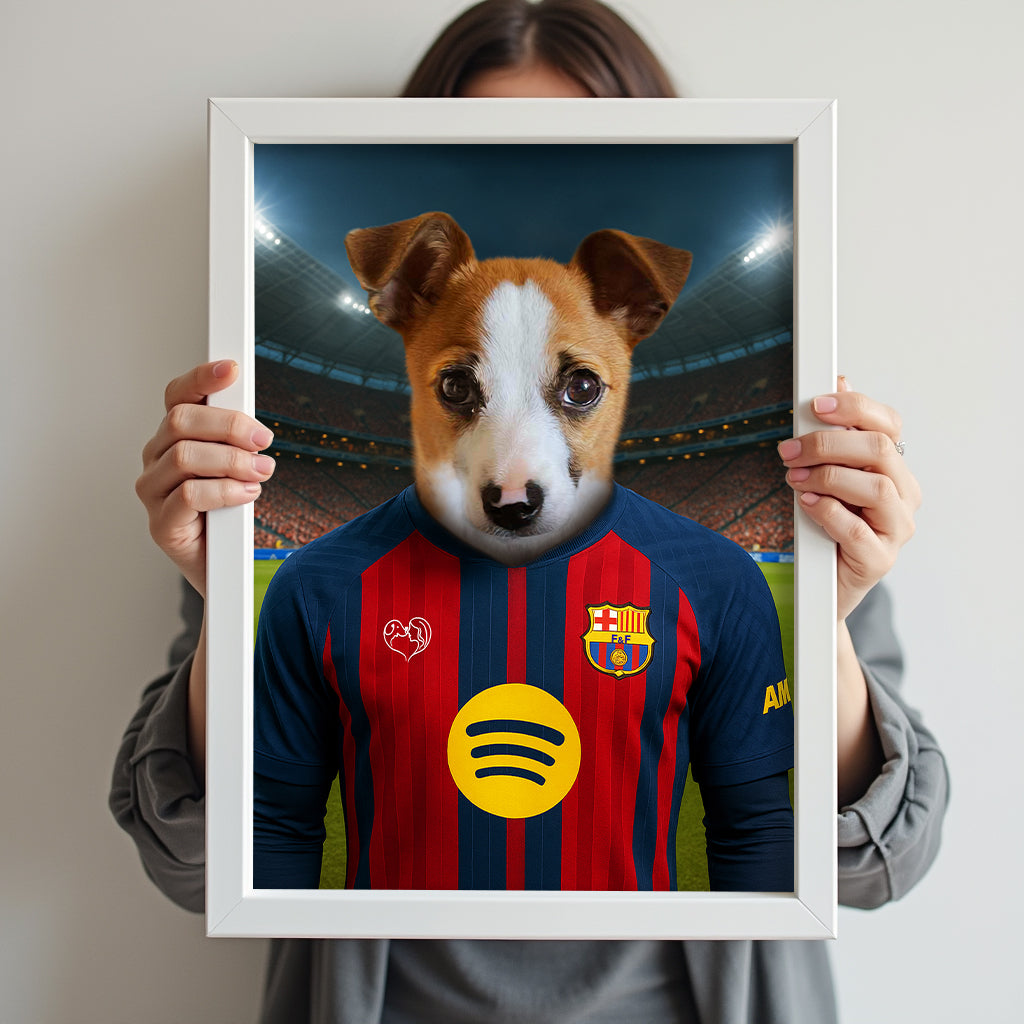Custom pet portrait of a dog in 2025/26 Barcelona football jersey