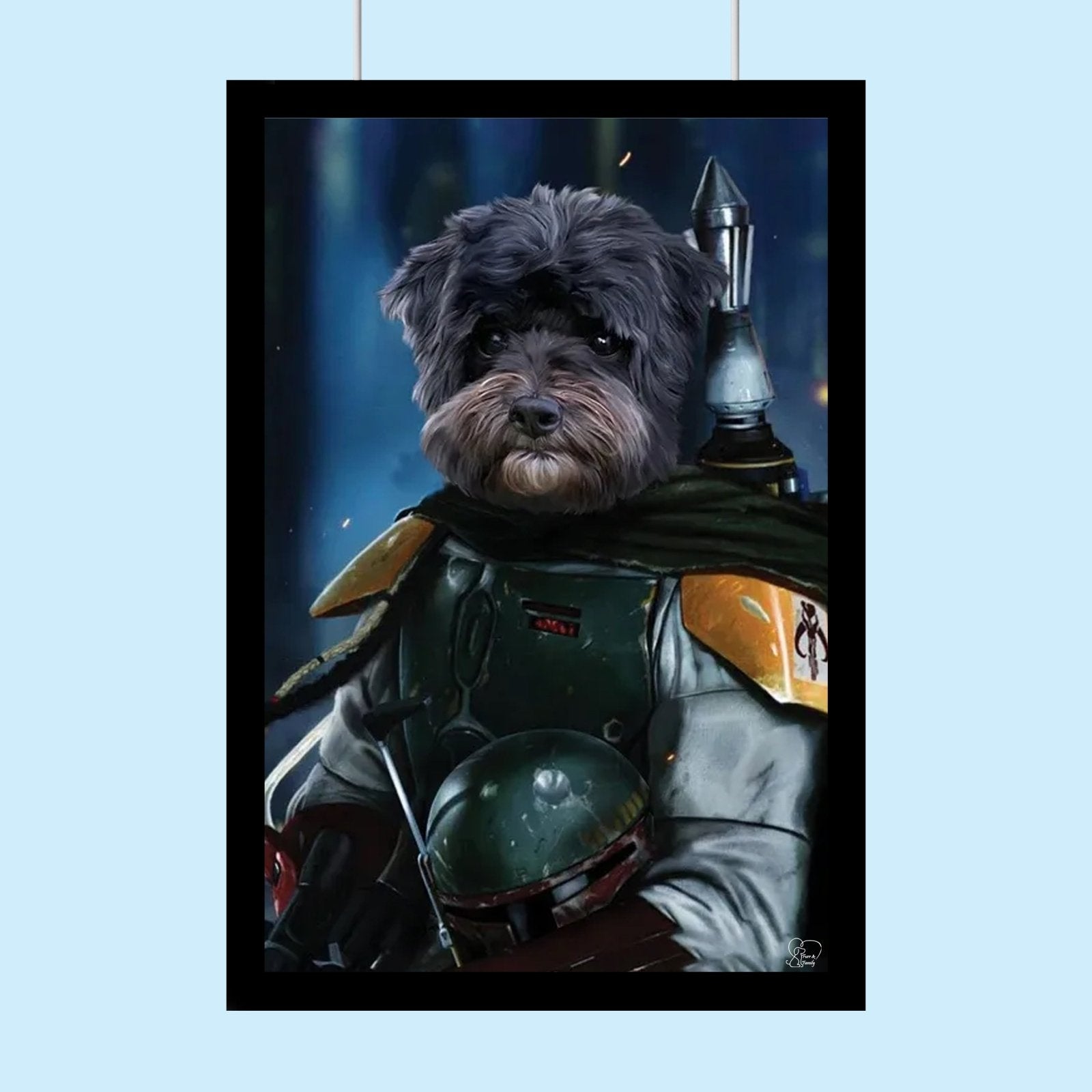 Custom pet portrait of a dog or cat wearing Boba Fett’s Mandalorian armor and helmet from Star Wars, showcasing a fierce bounty hunter look