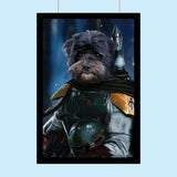 Custom pet portrait of a dog or cat wearing Boba Fett’s Mandalorian armor and helmet from Star Wars, showcasing a fierce bounty hunter look