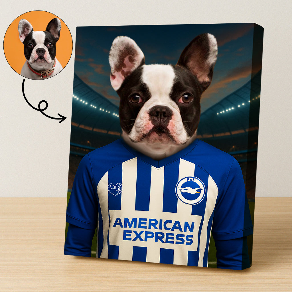 Custom pet portrait of a dog in 2025/26 Brighton & Hove Albion football jersey