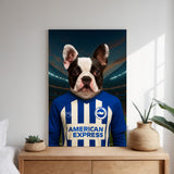 Custom pet portrait of a dog in 2025/26 Brighton & Hove Albion football jersey