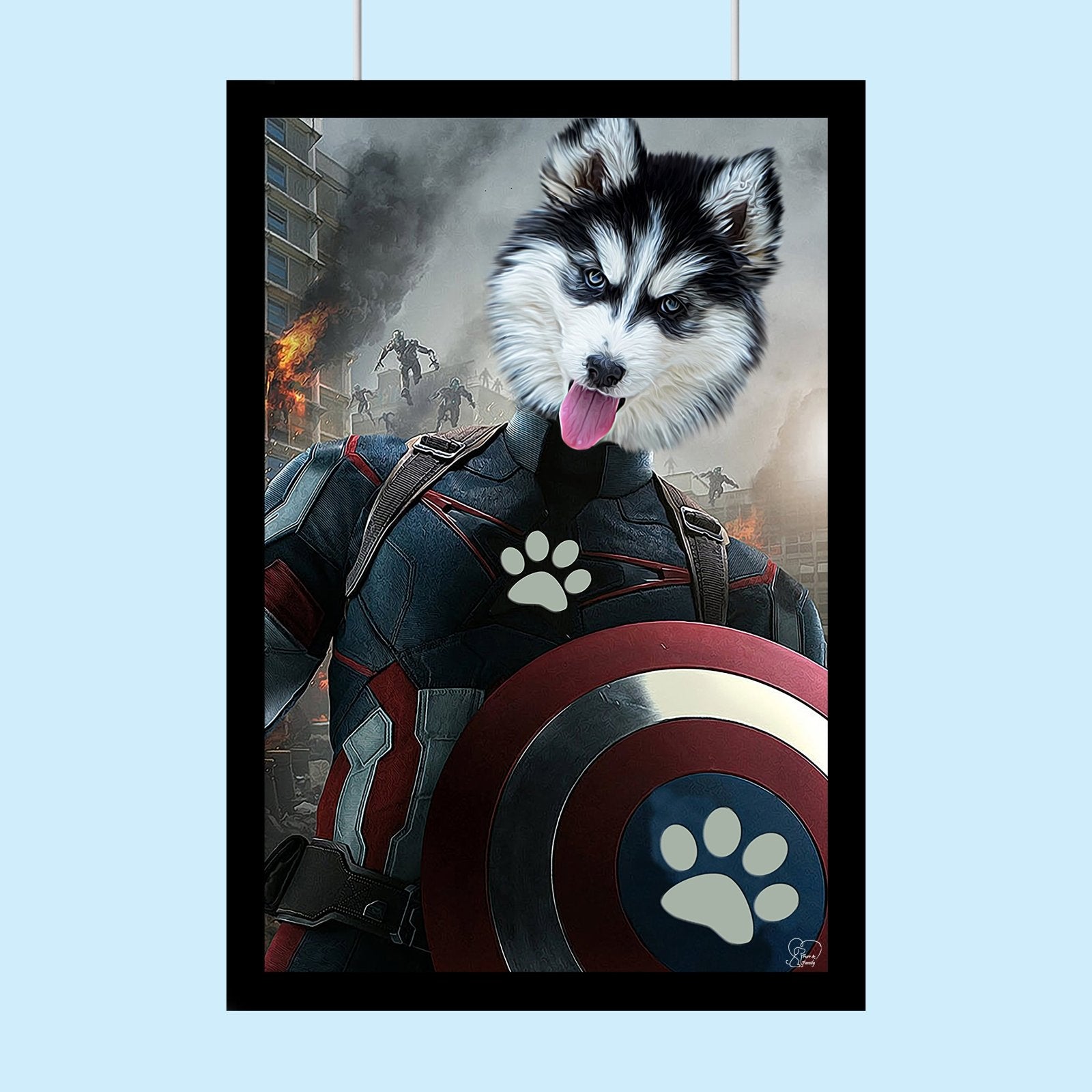 Custom pet portrait featuring a dog or cat dressed as Captain America, with a star-spangled suit and shield in a heroic comic-style background