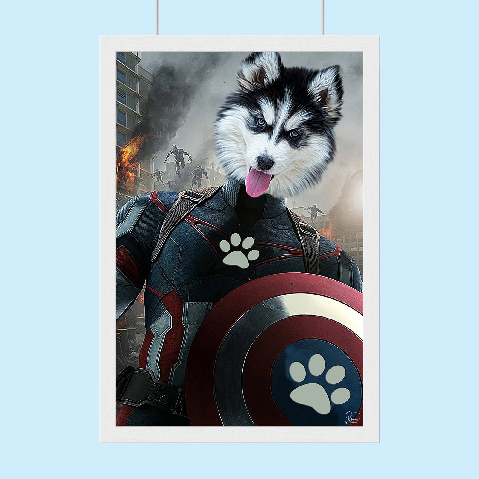 Custom pet portrait featuring a dog or cat dressed as Captain America, with a star-spangled suit and shield in a heroic comic-style background