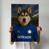 Custom pet portrait of a dog in 2025/26 Chelsea football jersey