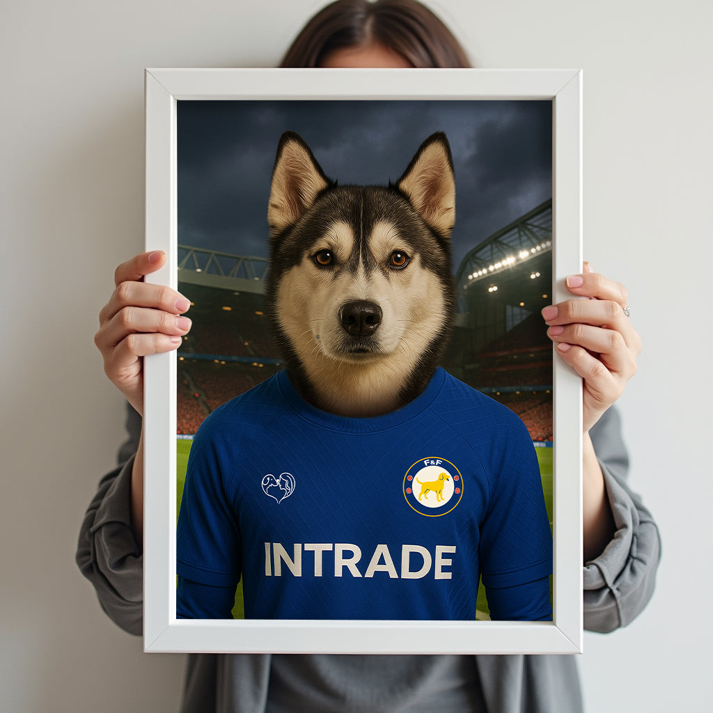 Custom pet portrait of a dog in 2025/26 Chelsea football jersey