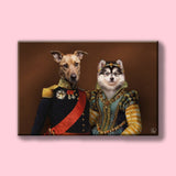 Custom portrait of two pets dressed in aristocratic royal outfits, elegant regal background