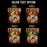 Four Halloween-themed custom design options with dogs, pumpkins, and text on a black background.