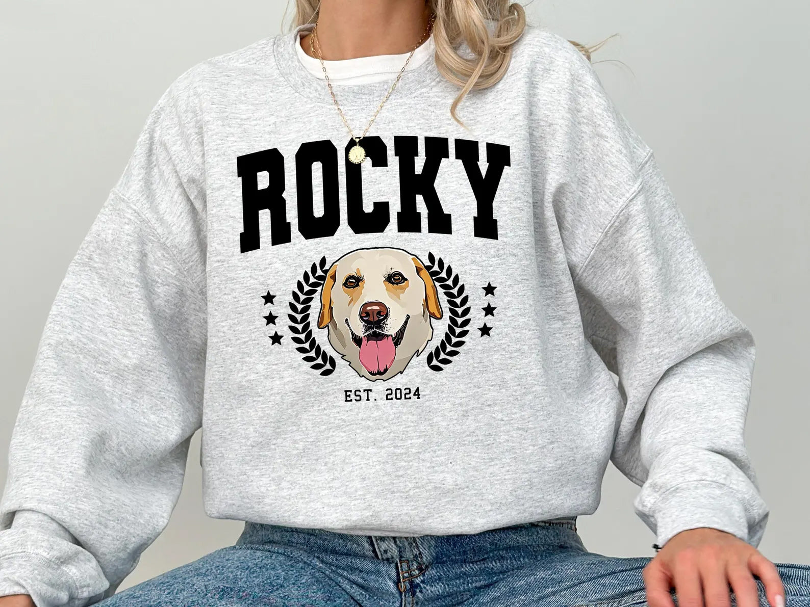 Gray sweatshirt with a dog graphic and 'Rocky' text on a plain background