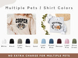 Collection of sweatshirts with pet names and illustrations, shown in various colors.