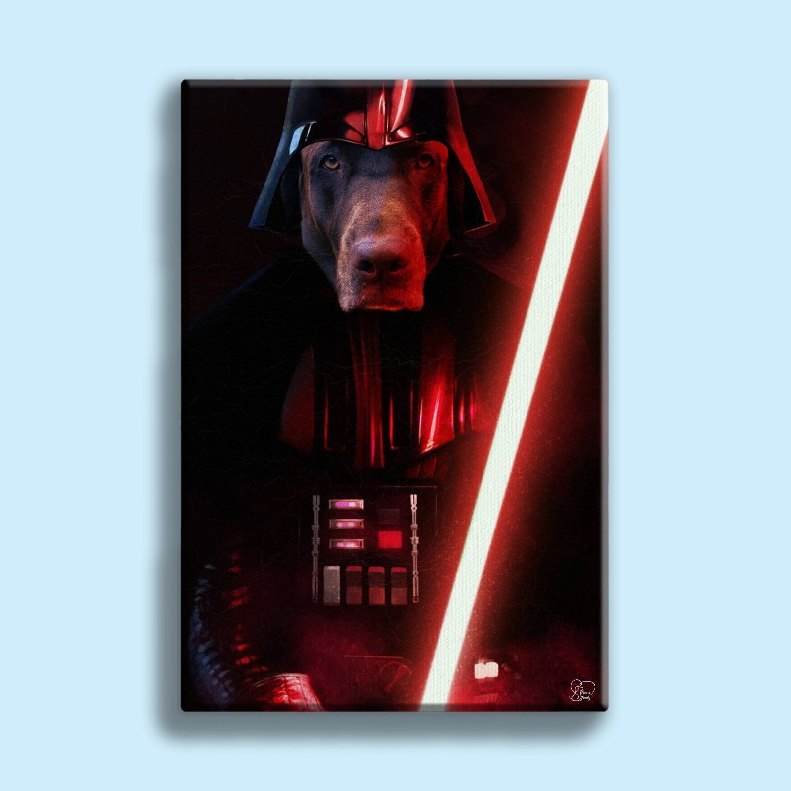 Custom pet portrait of a dog or cat in a Darth Vader costume, designed in Star Wars theme using a submitted photo