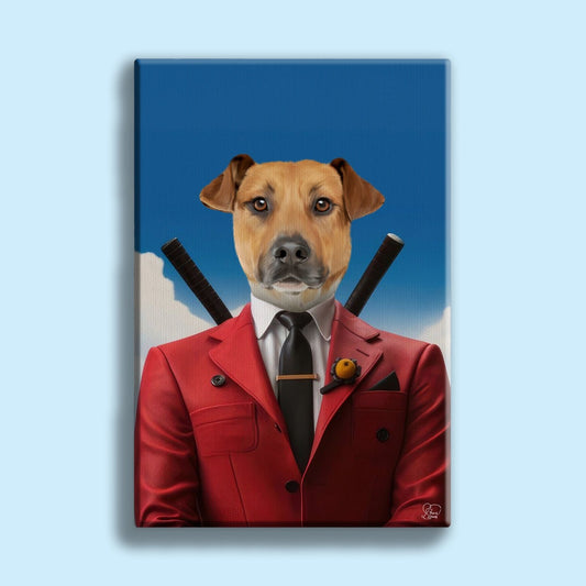 Custom pet portrait of a dog or cat dressed in a stylish suit with Dead Pool-inspired attitude, created from a user-submitted photo
