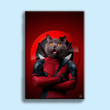 Custom pet portrait of a dog or cat wearing a classic red-and-black Deadpool costume, illustrated from a customer-submitted photo