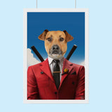 Custom pet portrait of a dog or cat dressed in a stylish suit with Dead Pool-inspired attitude, created from a user-submitted photo