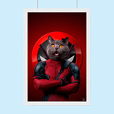 Custom pet portrait of a dog or cat wearing a classic red-and-black Deadpool costume, illustrated from a customer-submitted photo