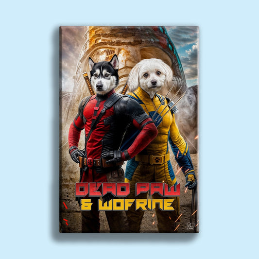 Custom pet portrait featuring two pets dressed as superhero characters inspired by Deadpool and Wolverine, illustrated from user-submitted photos