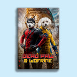Custom pet portrait featuring two pets dressed as superhero characters inspired by Deadpool and Wolverine, illustrated from user-submitted photos