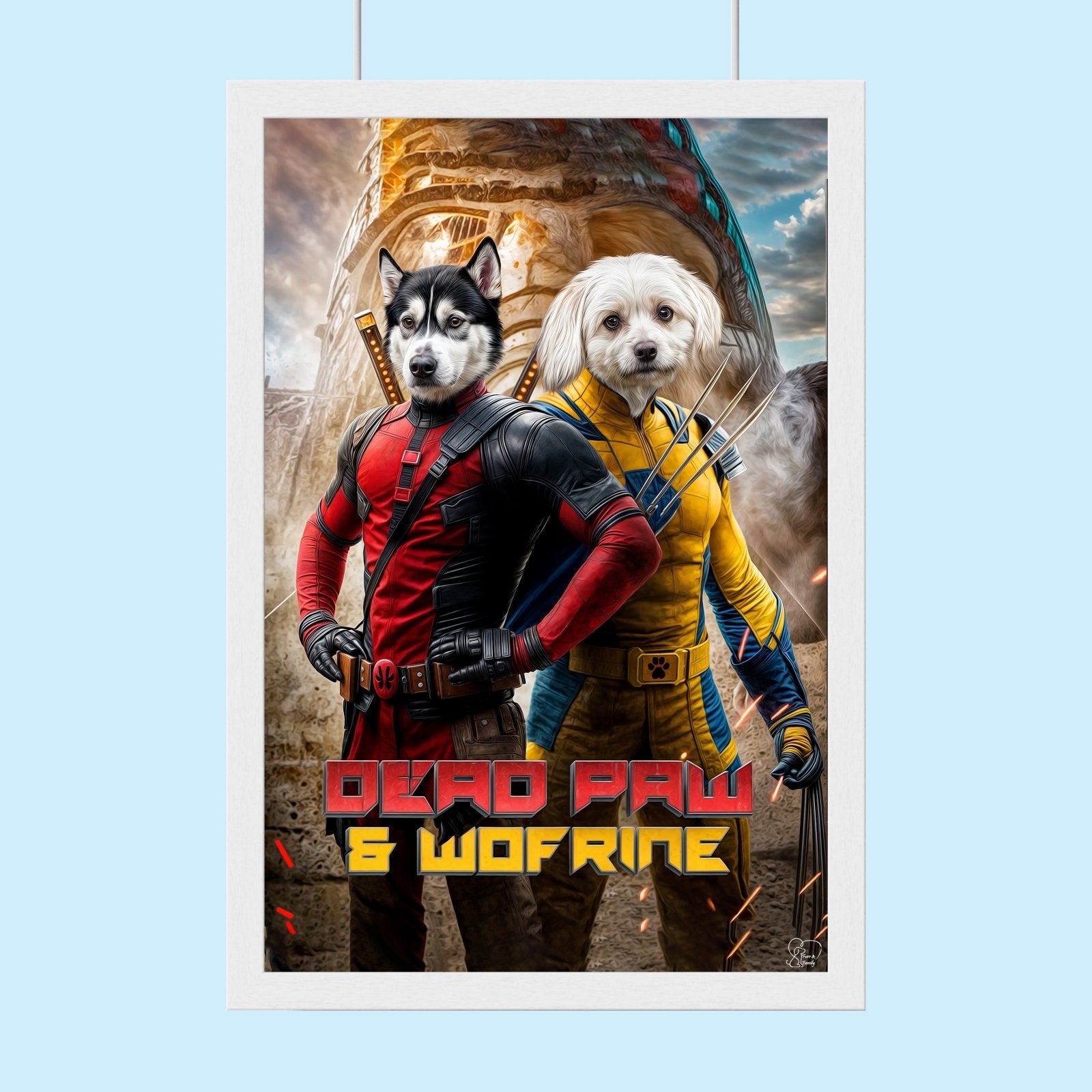 Custom pet portrait featuring two pets dressed as superhero characters inspired by Deadpool and Wolverine, illustrated from user-submitted photos