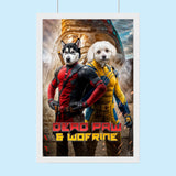 Custom pet portrait featuring two pets dressed as superhero characters inspired by Deadpool and Wolverine, illustrated from user-submitted photos