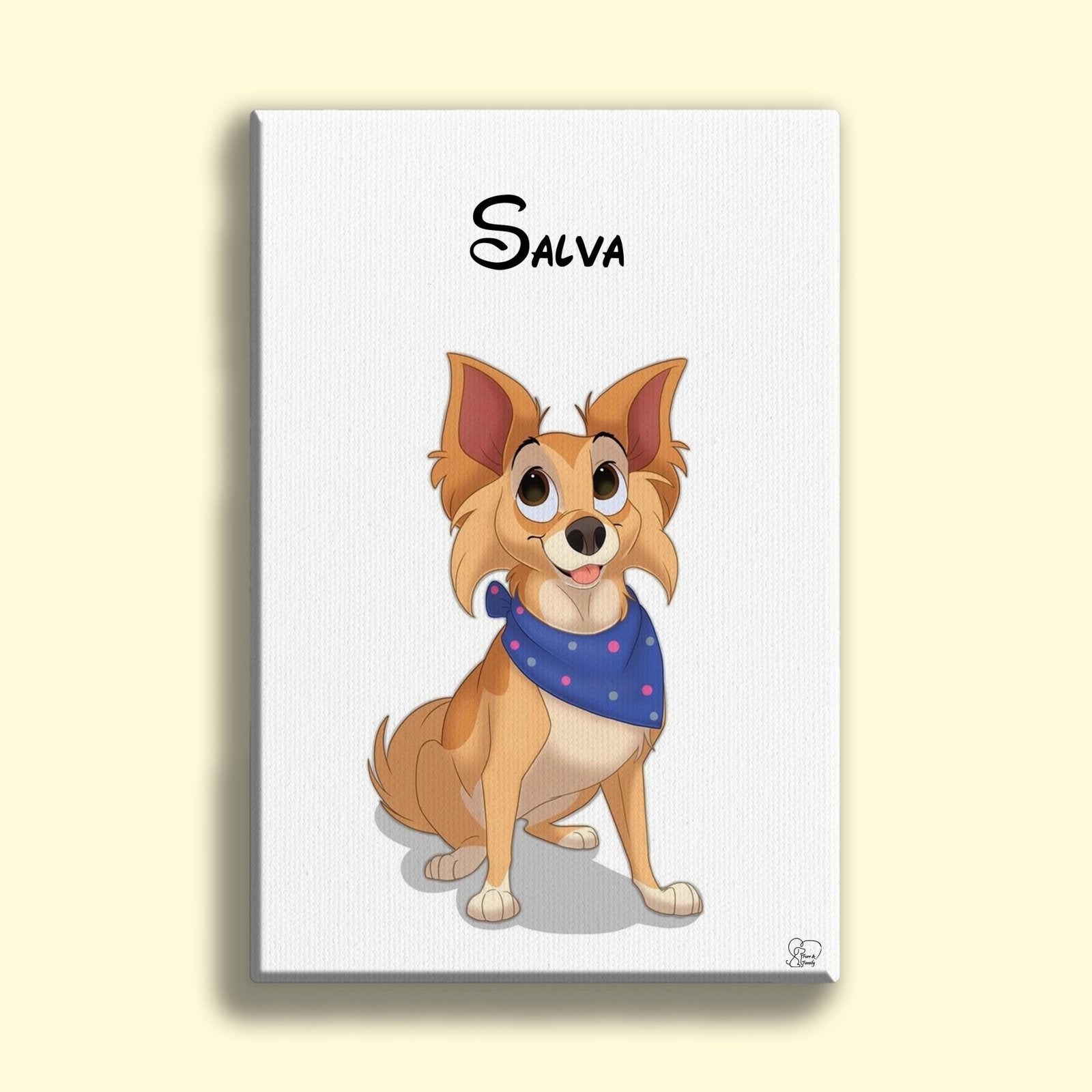 Custom pet portrait in Disney cartoon art style featuring a dog or cat with large expressive eyes and animated features