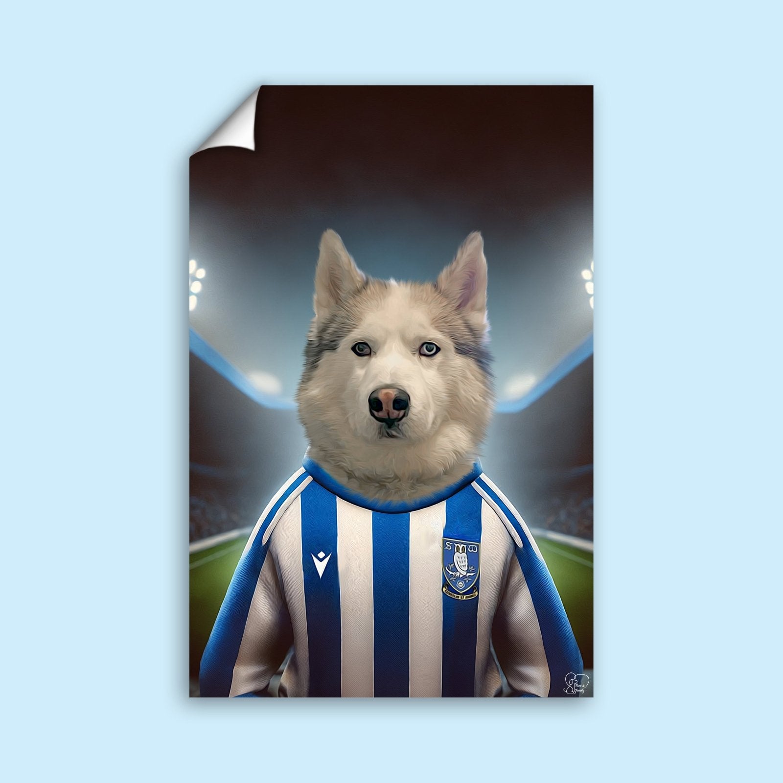 Custom hand-illustrated pet portrait of a dog or cat wearing a football jersey, designed from a user-submitted photo with personalized team elements