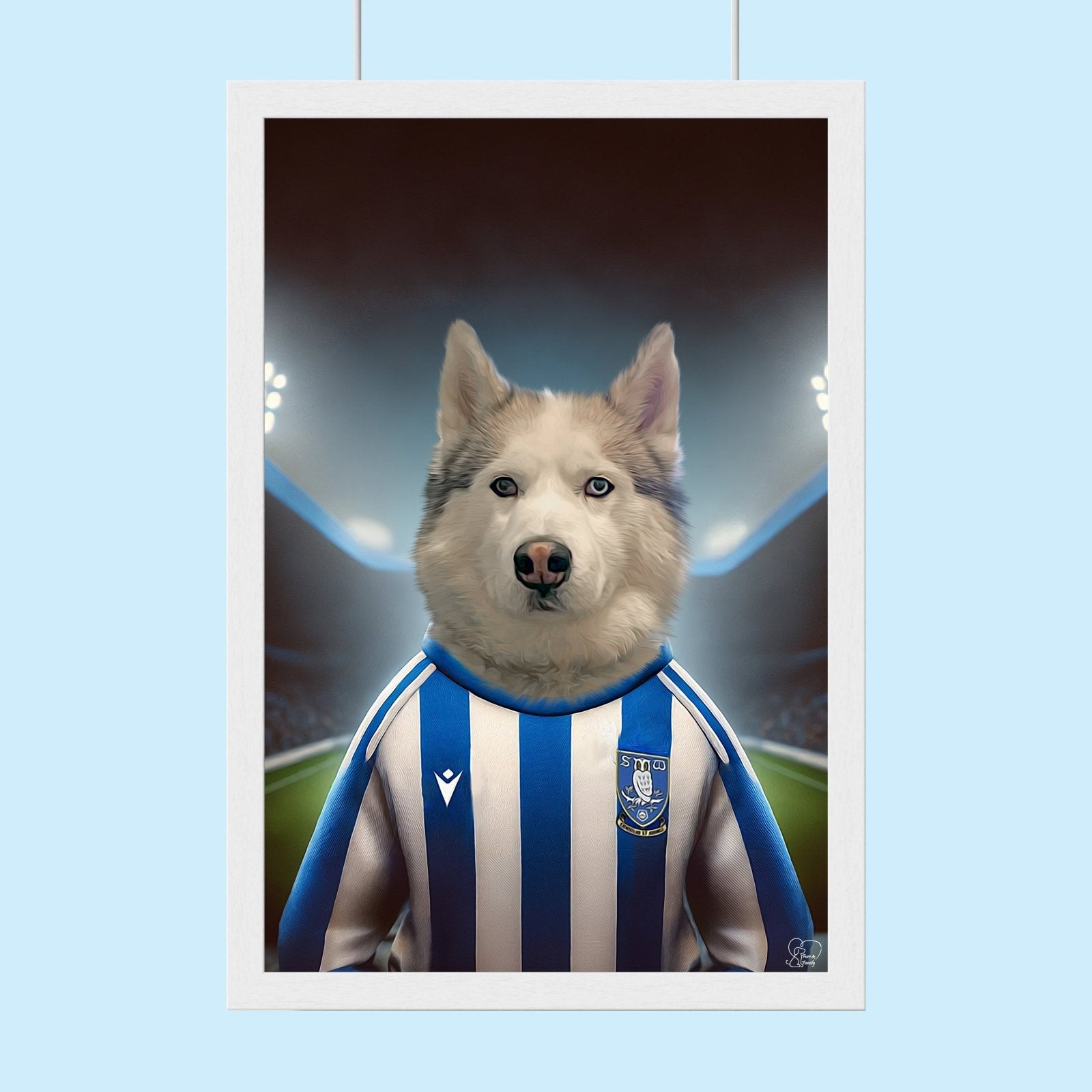 Custom hand-illustrated pet portrait of a dog or cat wearing a football jersey, designed from a user-submitted photo with personalized team elements