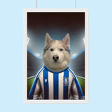 Custom hand-illustrated pet portrait of a dog or cat wearing a football jersey, designed from a user-submitted photo with personalized team elements