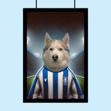 Custom hand-illustrated pet portrait of a dog or cat wearing a football jersey, designed from a user-submitted photo with personalized team elements