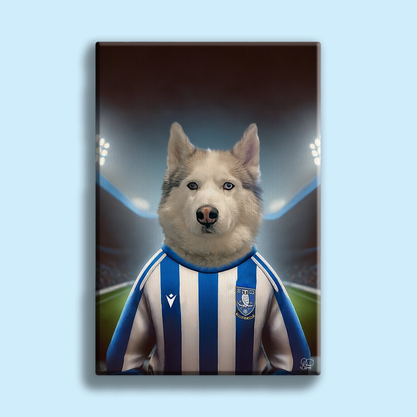 Custom hand-illustrated pet portrait of a dog or cat wearing a football jersey, designed from a user-submitted photo with personalized team elements
