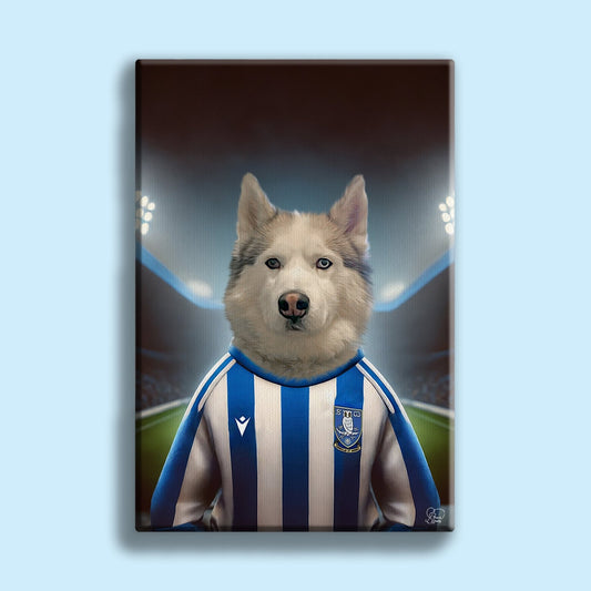 Custom hand-illustrated pet portrait of a dog or cat wearing a football jersey, designed from a user-submitted photo with personalized team elements