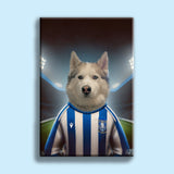 Custom hand-illustrated pet portrait of a dog or cat wearing a football jersey, designed from a user-submitted photo with personalized team elements
