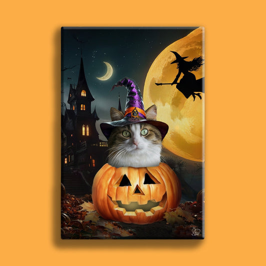 Custom Halloween pet portrait of a dog or cat dressed in a pumpkin-themed costume with spooky background, created from a submitted photo