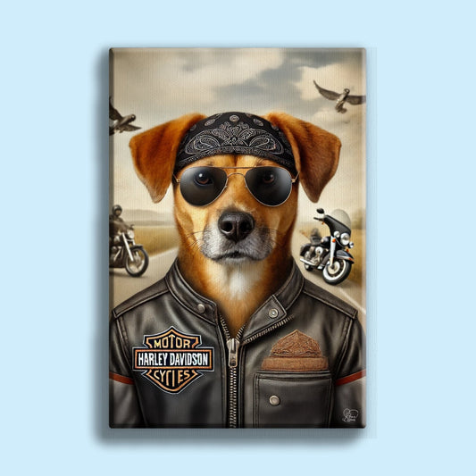 Custom pet portrait of a dog or cat dressed in Harley Davidson-style biker gear, illustrated with a motorcycle backdrop