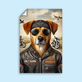 Custom pet portrait of a dog or cat dressed in Harley Davidson-style biker gear, illustrated with a motorcycle backdrop
