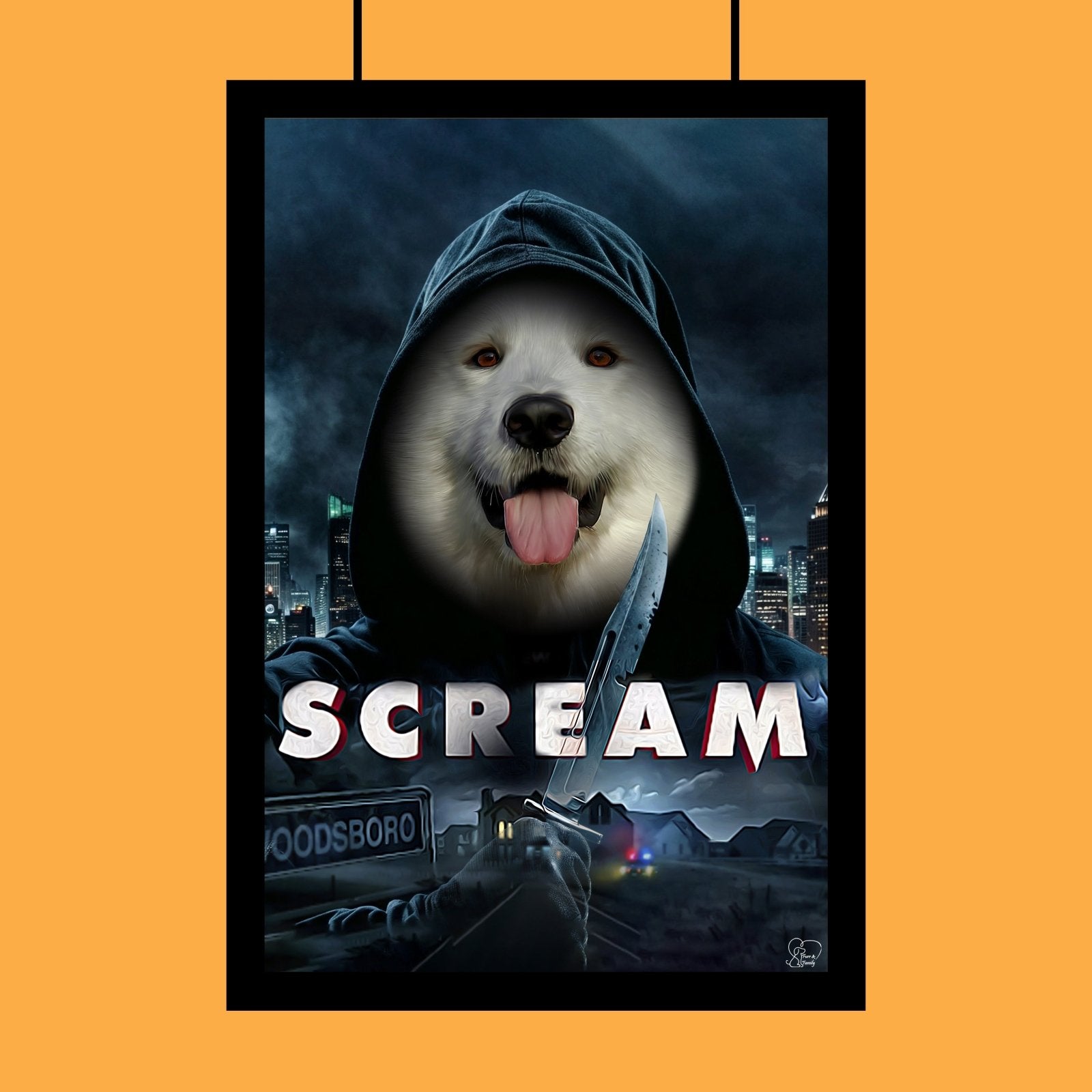Custom Halloween pet portrait of a dog or cat wearing a ghostface-style mask and hood, based on a user-submitted photo