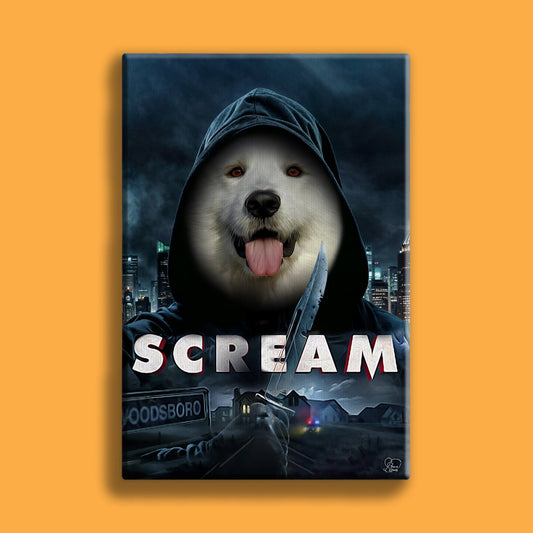Custom Halloween pet portrait of a dog or cat wearing a ghostface-style mask and hood, based on a user-submitted photo