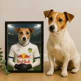 Custom pet portrait of a dog in 2025/26 Leeds United football jersey