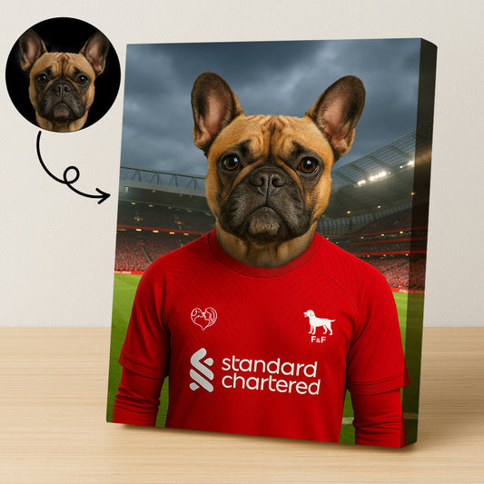 Custom pet portrait of a dog in 2025/26 Liverpool football jersey