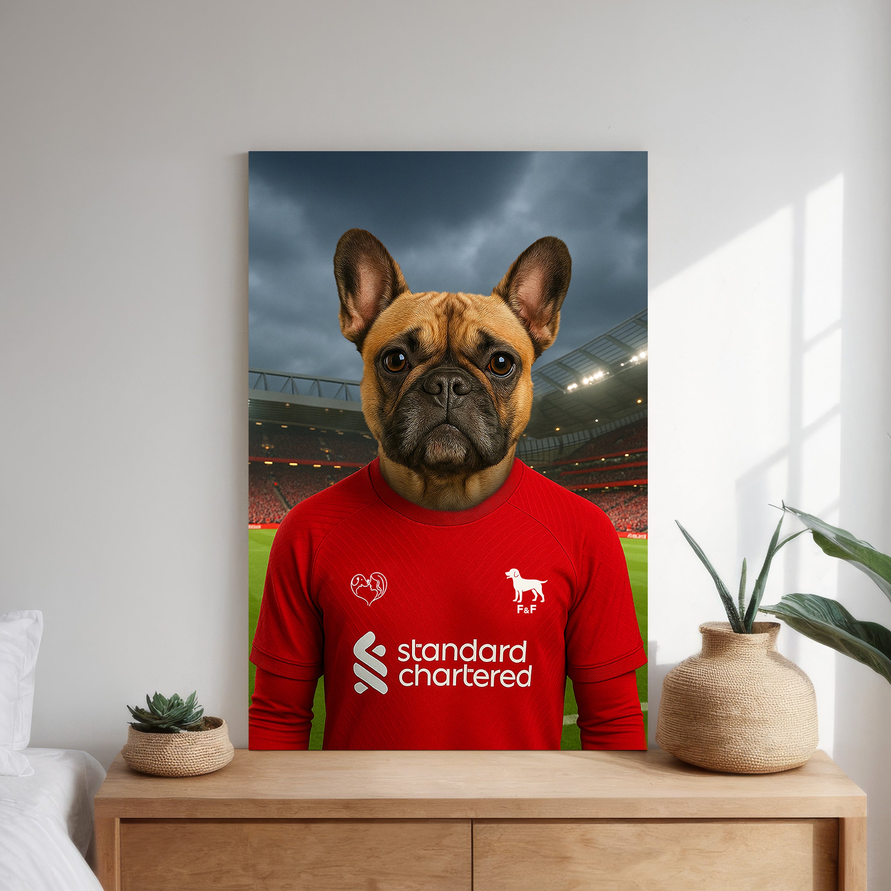 Custom pet portrait of a dog in 2025/26 Liverpool football jersey