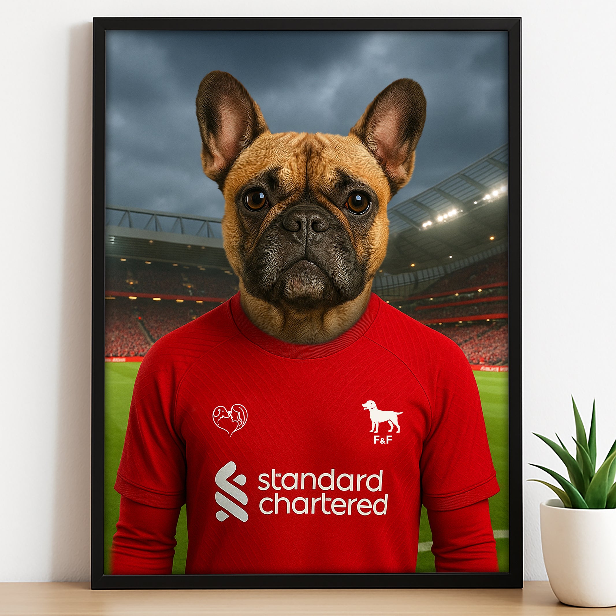 Custom pet portrait of a dog in 2025/26 Liverpool football jersey