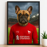 Custom pet portrait of a dog in 2025/26 Liverpool football jersey