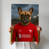 Custom pet portrait of a dog in 2025/26 Liverpool football jersey
